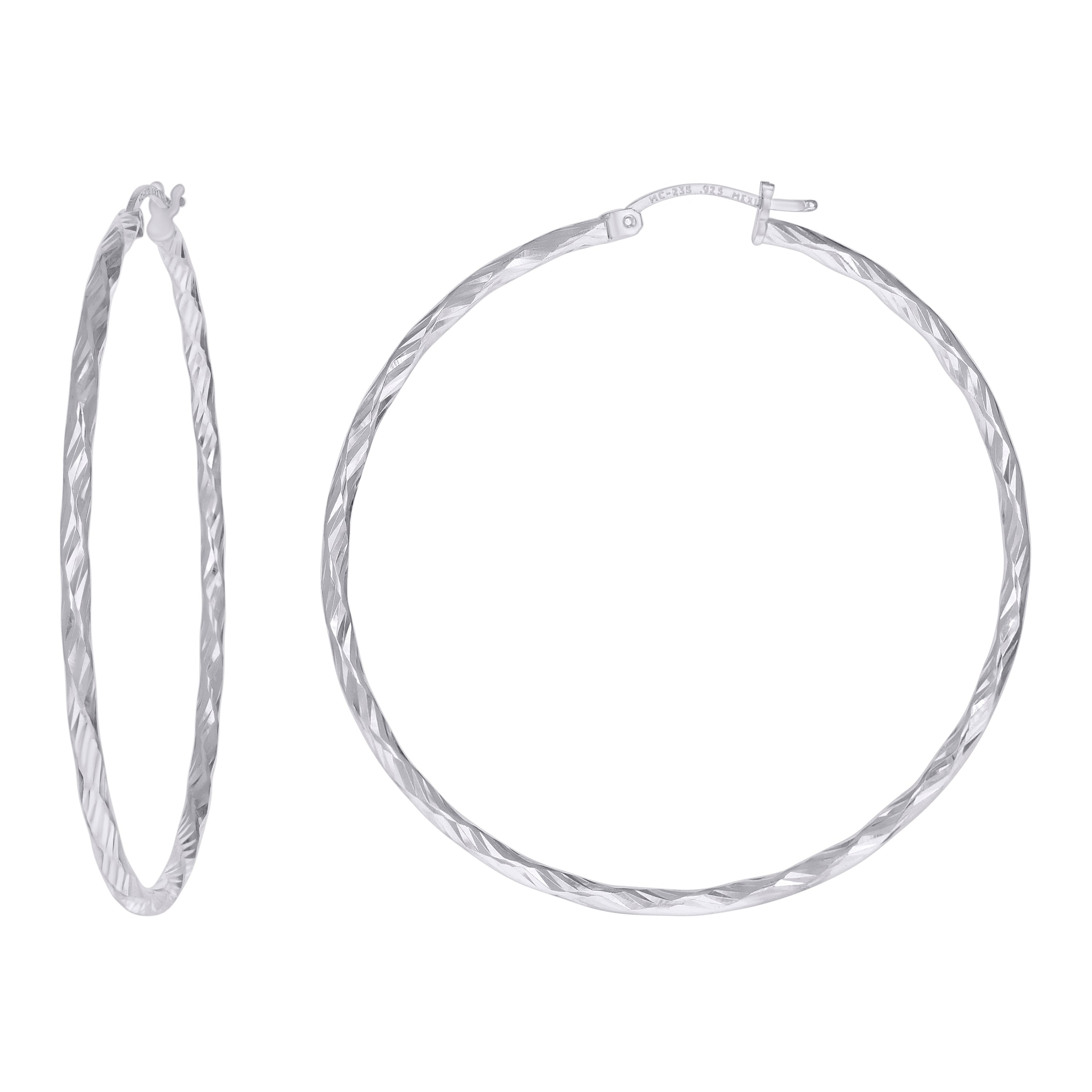 925 Sterling Silver Womens Diamond-cut 2mm x 50mm Hoop Earrings - SLV-120657