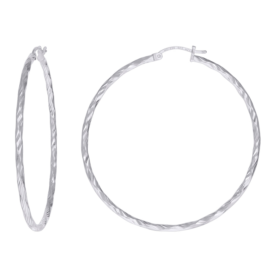 925 Sterling Silver Womens Diamond-cut 2mm x 50mm Hoop Earrings - SLV-120657