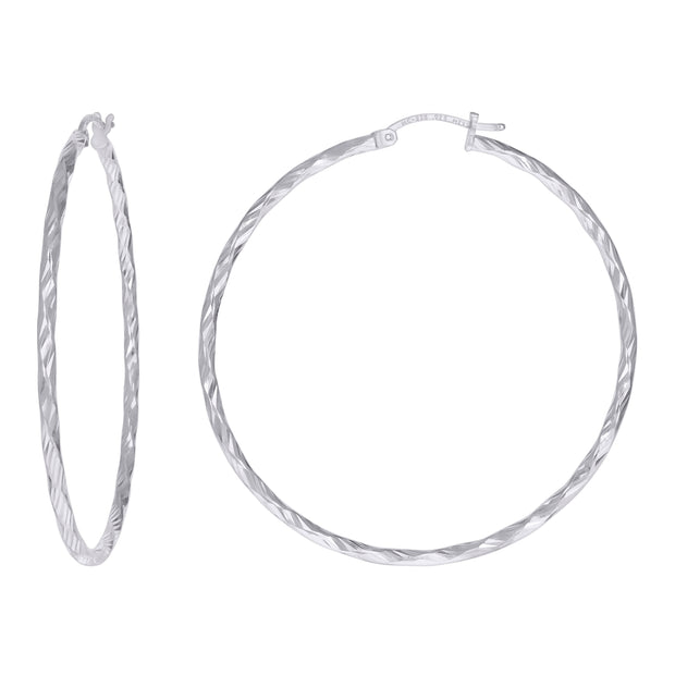 925 Sterling Silver Womens Diamond-cut 2mm x 50mm Hoop Earrings - SLV-120657