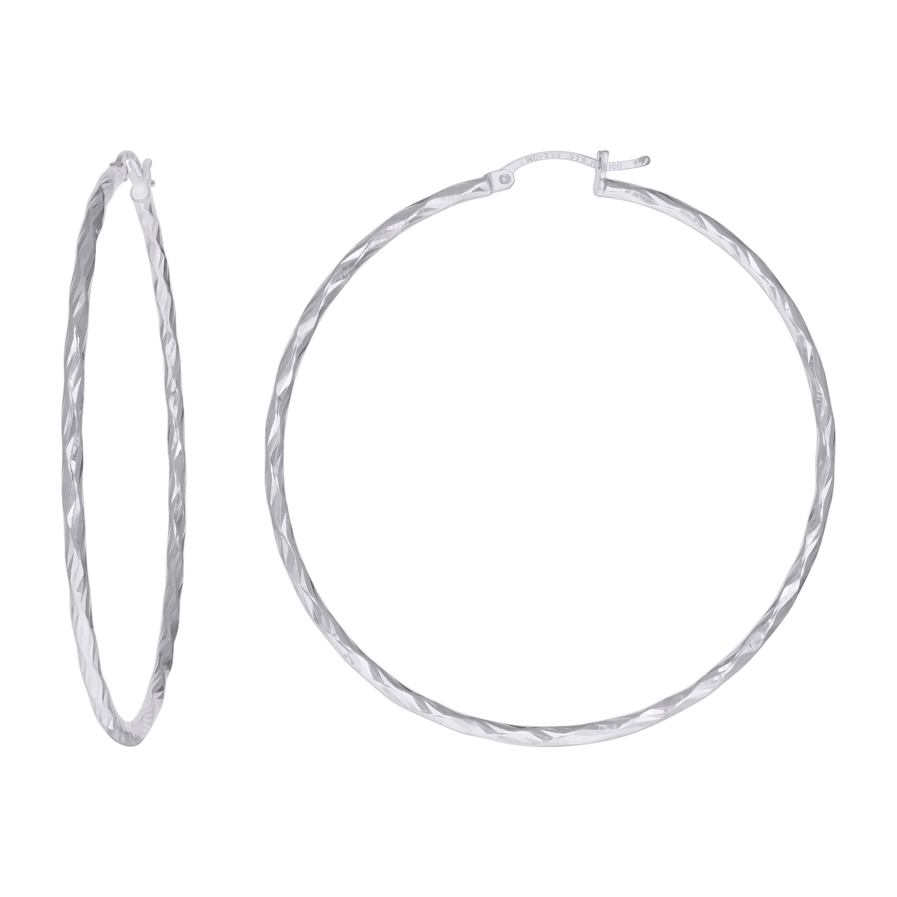 925 Sterling Silver Womens Diamond-cut 2mm x 55mm Hoop Earrings - SLV-120658