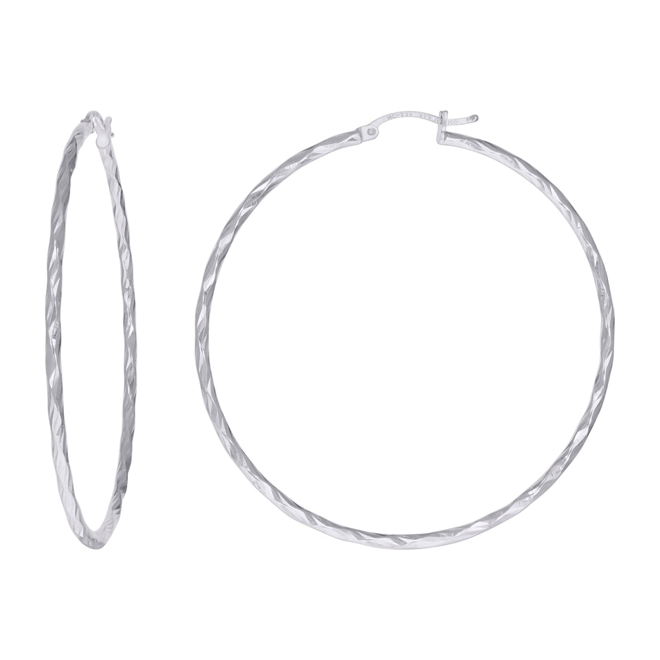 925 Sterling Silver Womens Diamond-cut 2mm x 55mm Hoop Earrings - SLV-120658
