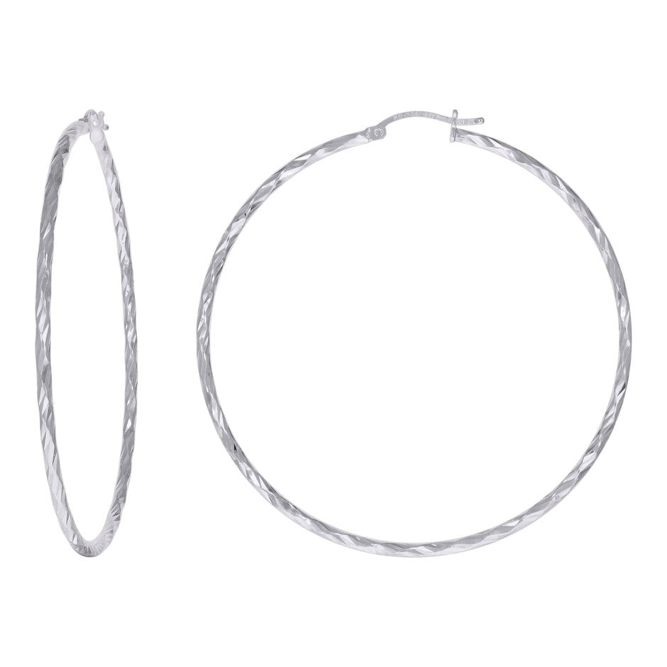 925 Sterling Silver Womens Diamond-cut 2mm x 60mm Hoop Earrings - SLV-120659