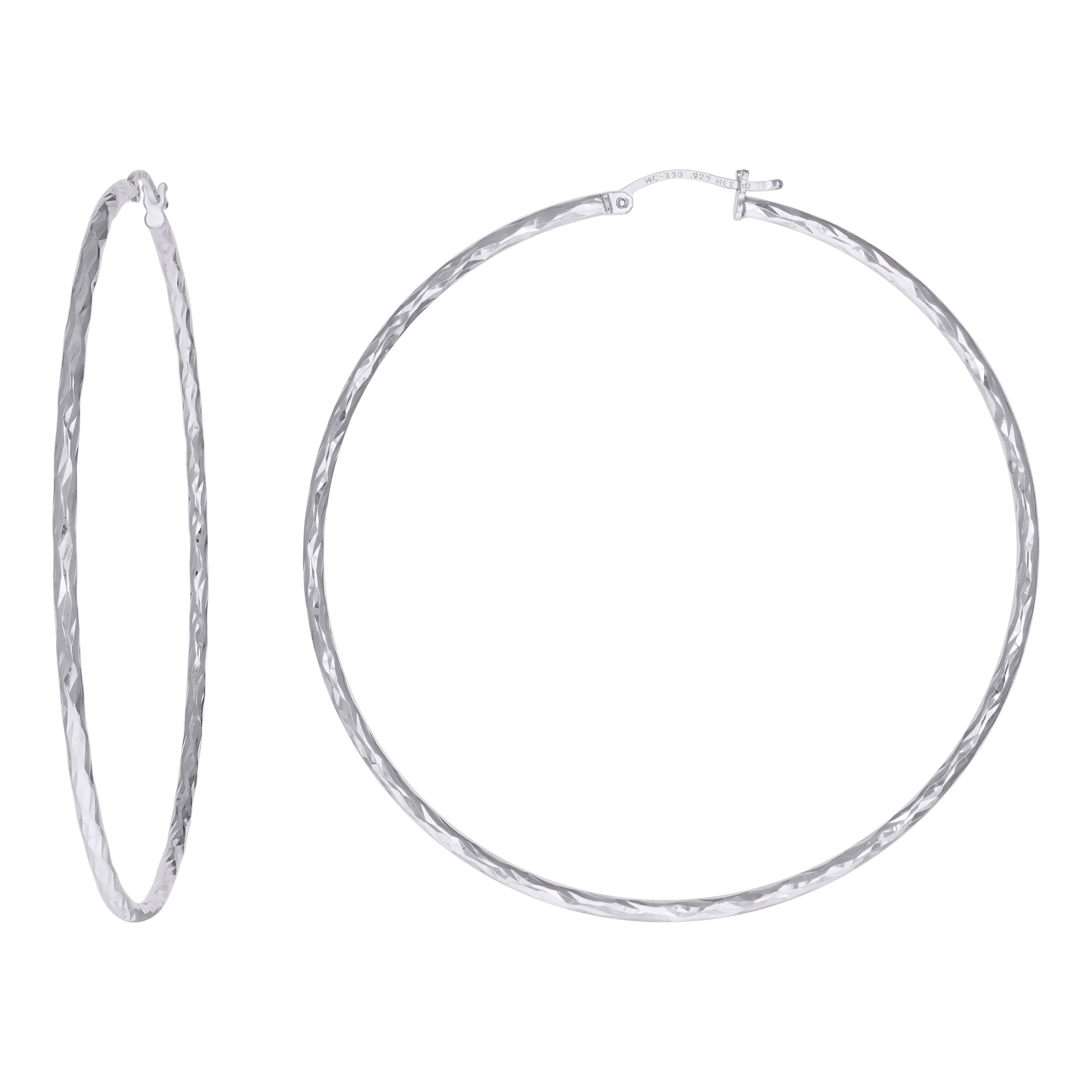 925 Sterling Silver Womens Diamond-cut 2mm x 65mm Hoop Earrings - SLV-120660