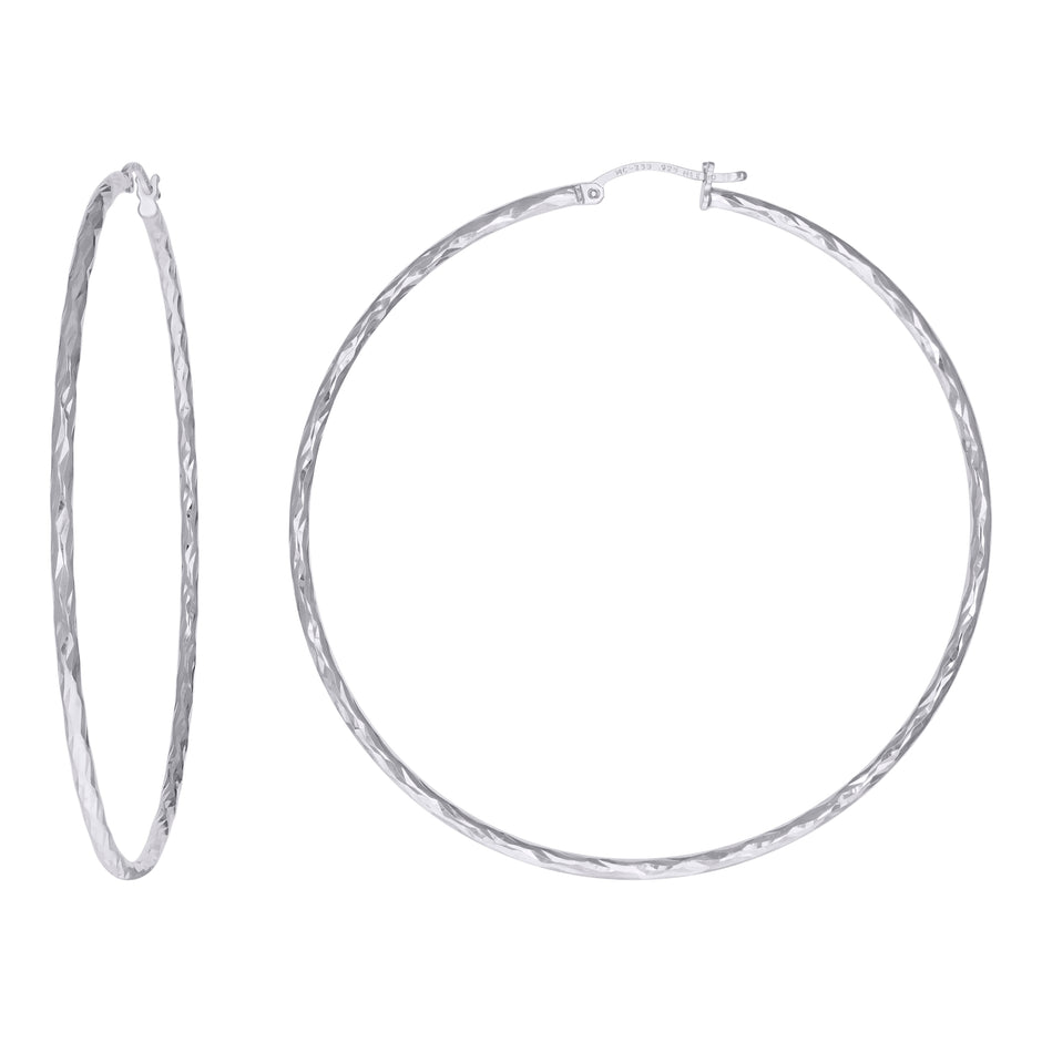 925 Sterling Silver Womens Diamond-cut 2mm x 65mm Hoop Earrings - SLV-120660