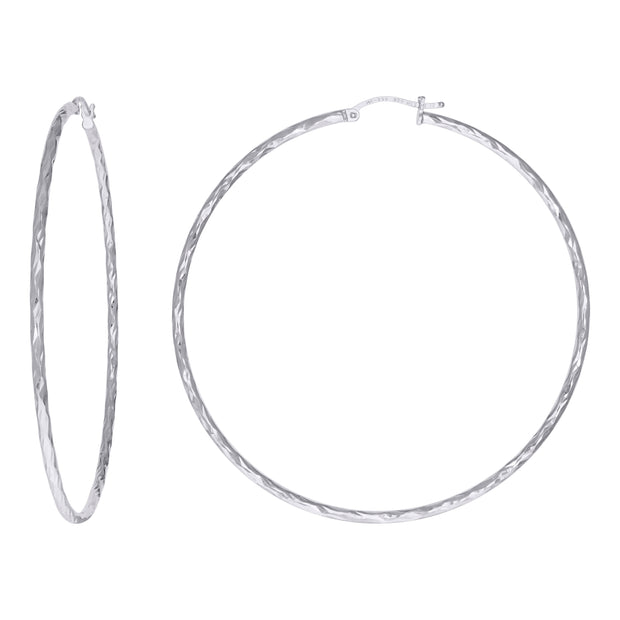 925 Sterling Silver Womens Diamond-cut 2mm x 65mm Hoop Earrings - SLV-120660