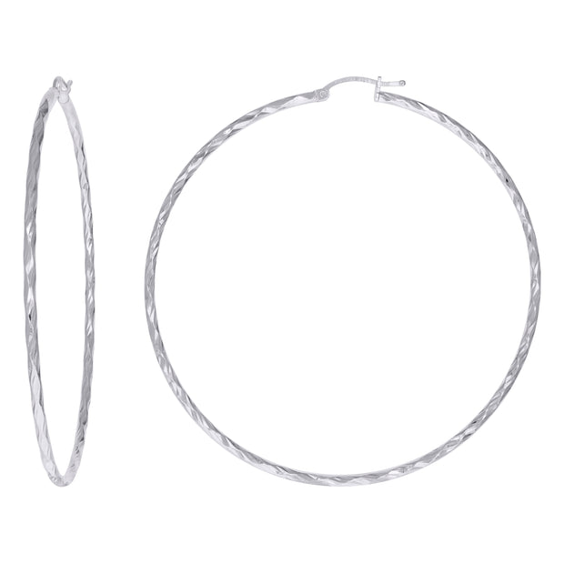 925 Sterling Silver Womens Diamond-cut 2mm x 75mm Hoop Earrings