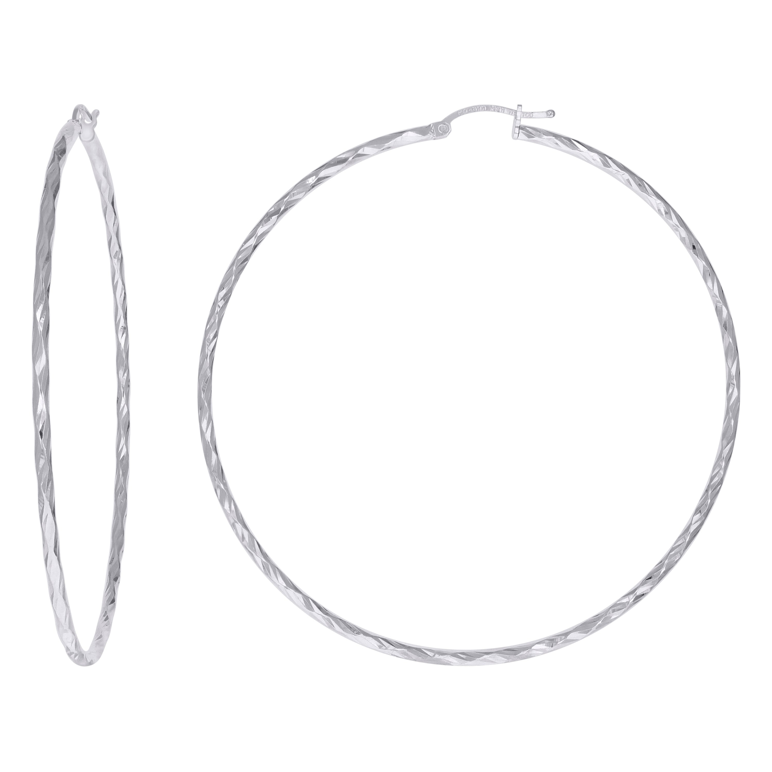 925 Sterling Silver Womens Diamond-cut 2mm x 70mm Hoop Earrings - SLV-120661