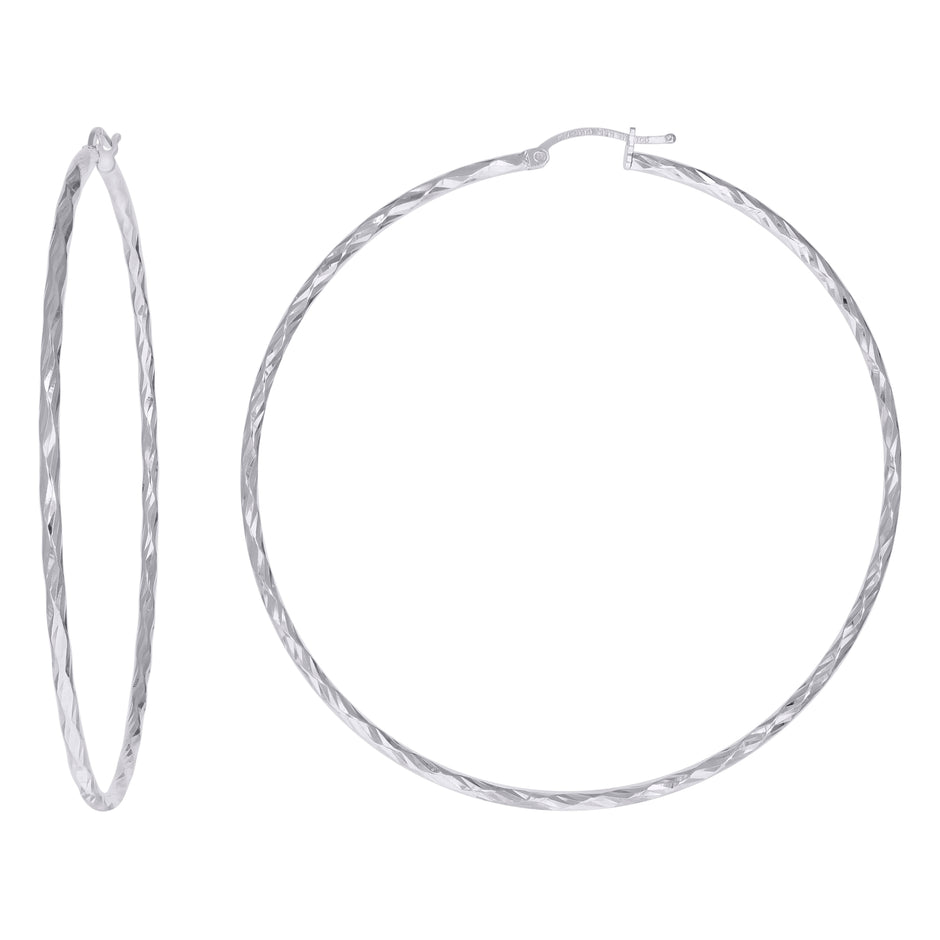 925 Sterling Silver Womens Diamond-cut 2mm x 70mm Hoop Earrings - SLV-120661