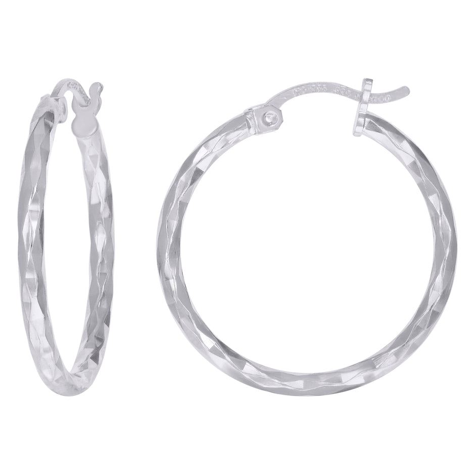 925 Sterling Silver Womens Diamond-cut 2mm x 20mm Hoop Earrings - SLV-120665