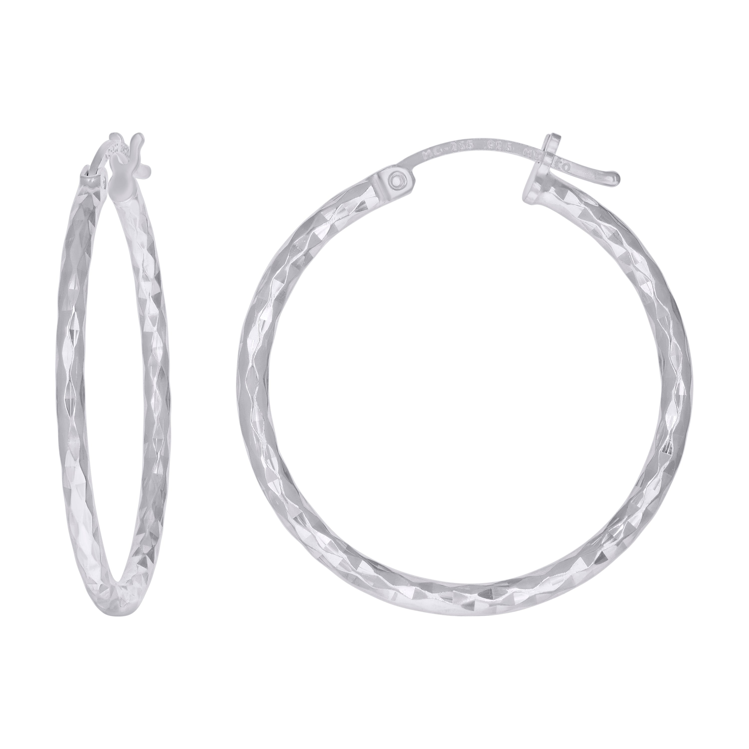 925 Sterling Silver Womens Diamond-cut 2mm x 25mm Hoop Earrings - SLV-120666