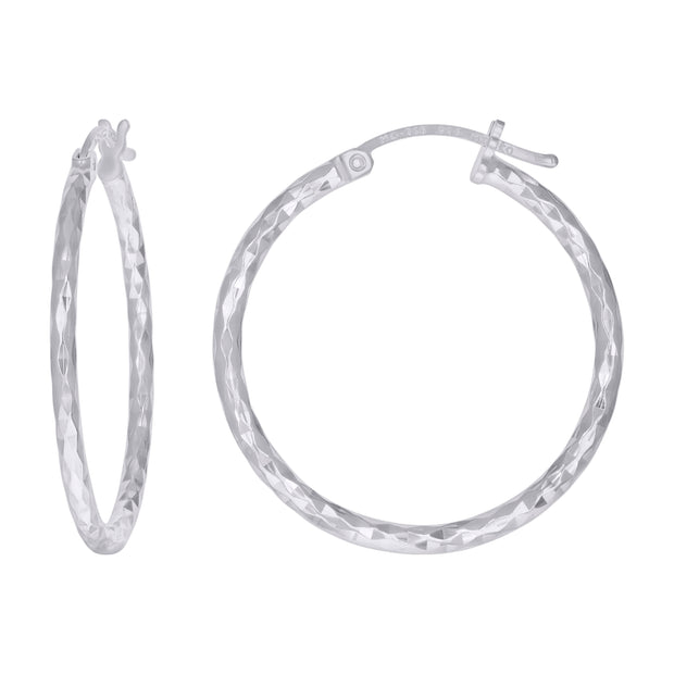 925 Sterling Silver Womens Diamond-cut 2mm x 25mm Hoop Earrings - SLV-120666