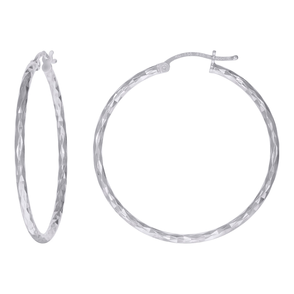 925 Sterling Silver Womens Diamond-cut 2mm x 35mm Hoop Earrings - SLV-120668