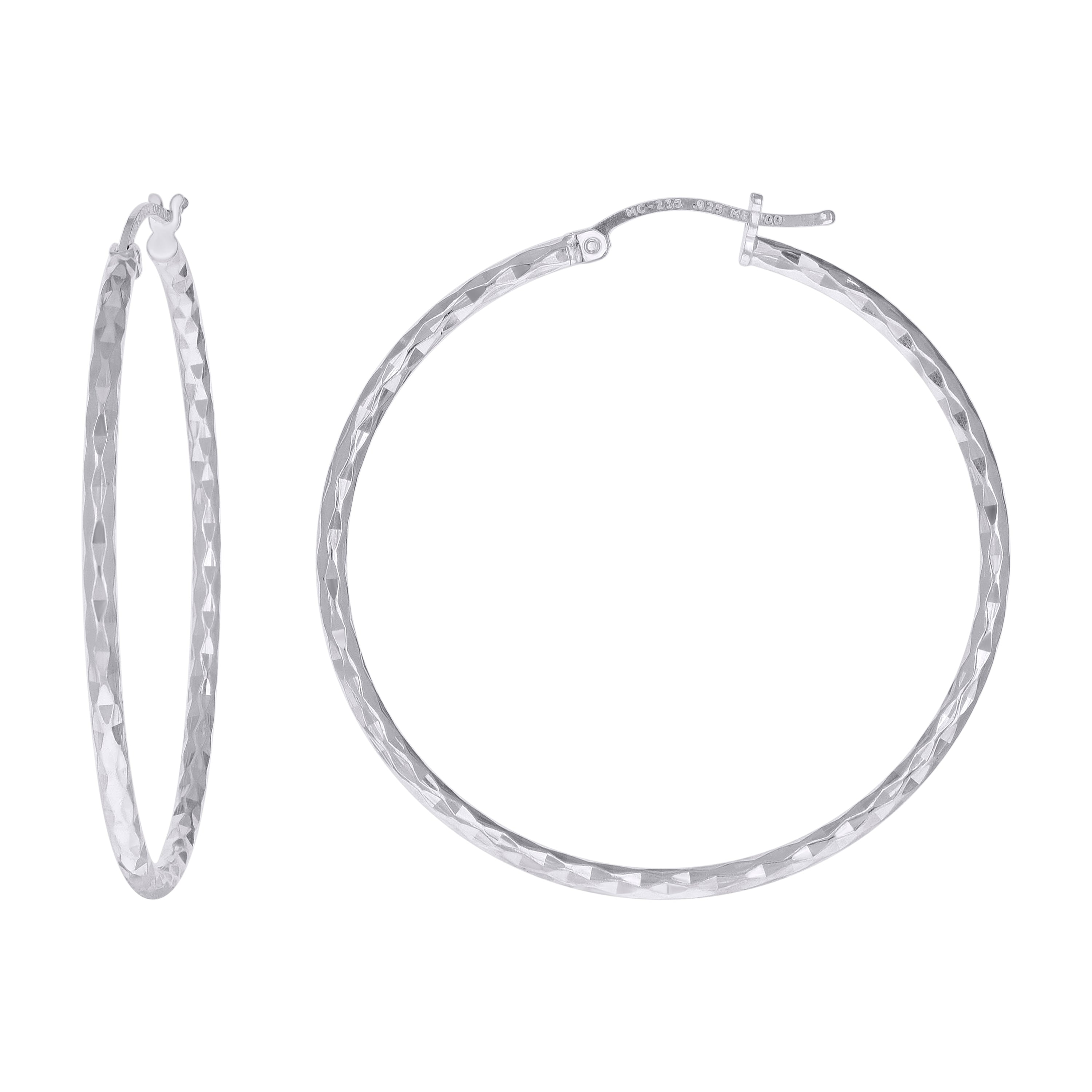 925 Sterling Silver Womens Diamond-cut 2mm x 40mm Hoop Earrings - SLV-120669