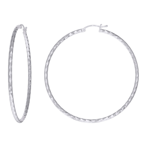 925 Sterling Silver Womens Diamond-cut 2mm x 50mm Hoop Earrings - SLV-120671