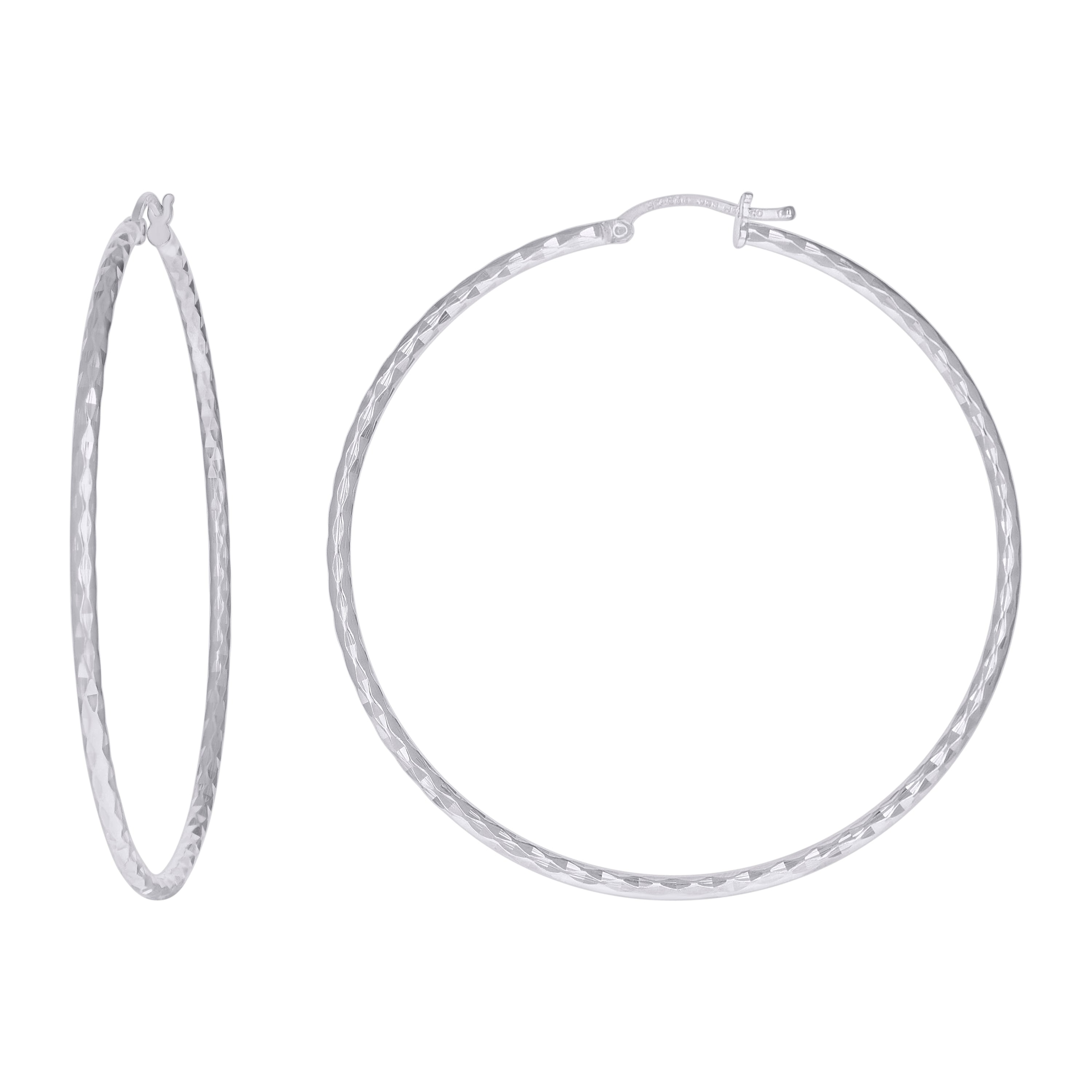 925 Sterling Silver Womens Diamond-cut 2mm x 55mm Hoop Earrings - SLV-120672