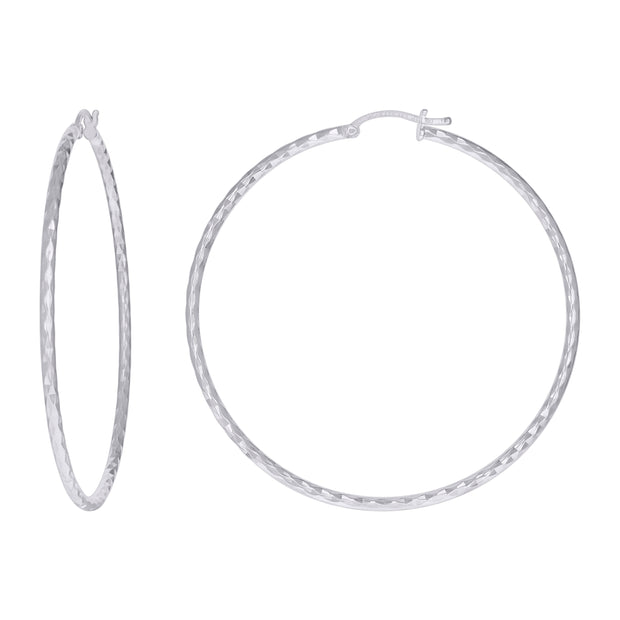 925 Sterling Silver Womens Diamond-cut 2mm x 55mm Hoop Earrings - SLV-120672