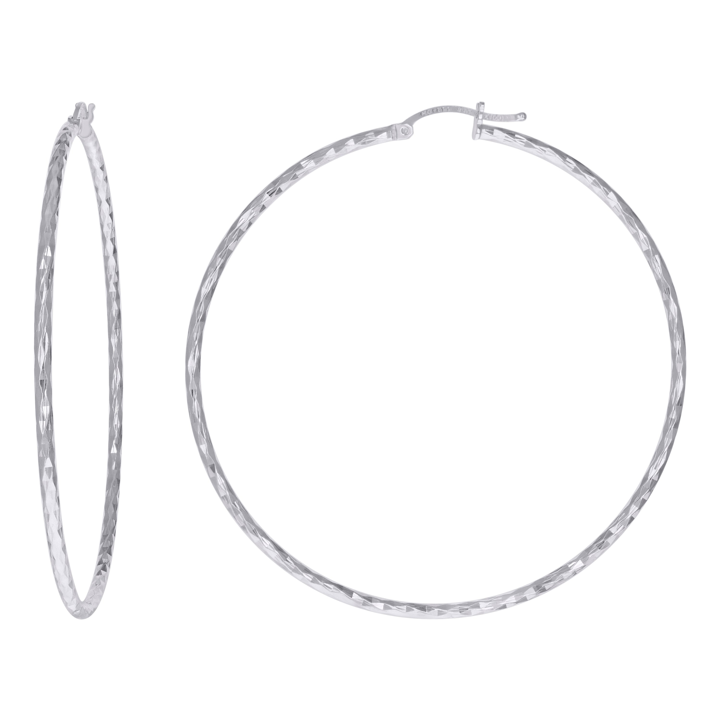 925 Sterling Silver Womens Diamond-cut 2mm x 60mm Hoop Earrings - SLV-120673