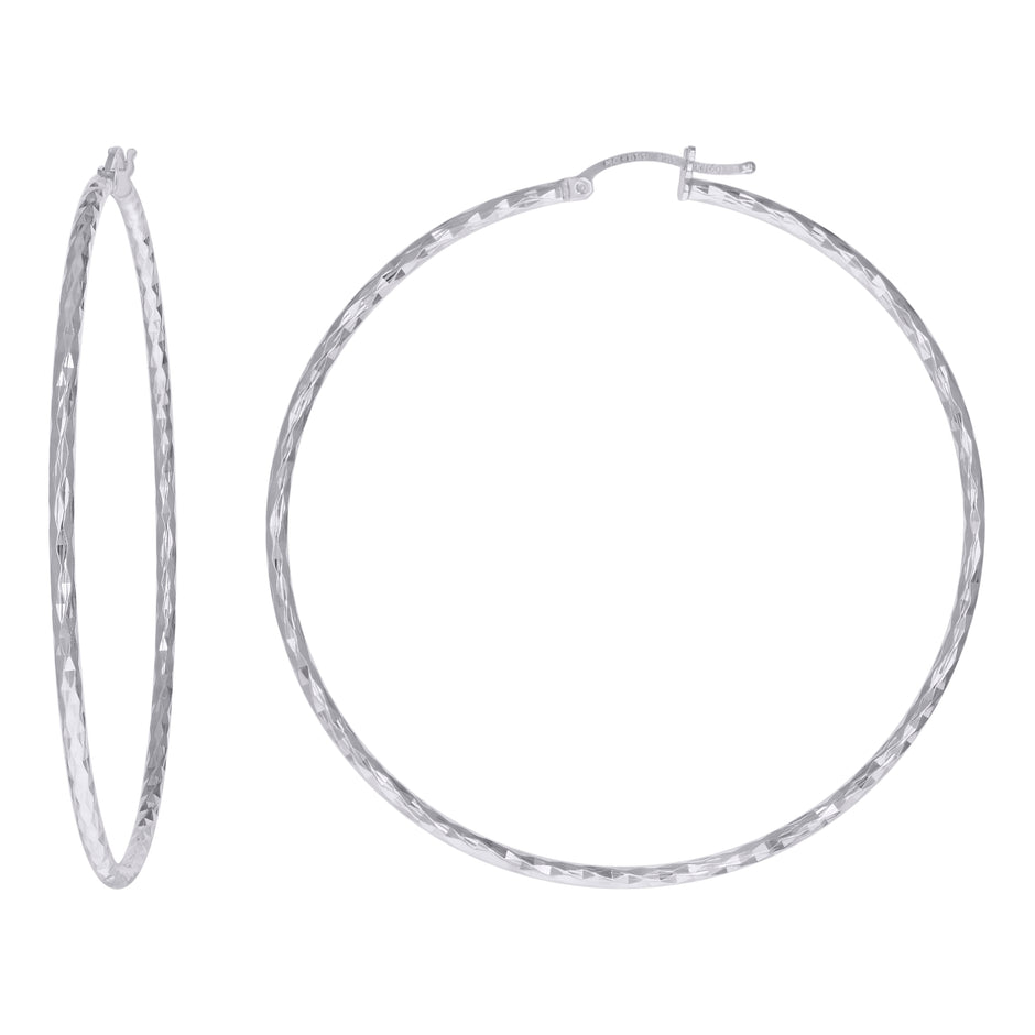 925 Sterling Silver Womens Diamond-cut 2mm x 60mm Hoop Earrings - SLV-120673