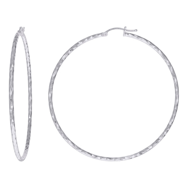 925 Sterling Silver Womens Diamond-cut 2mm x 60mm Hoop Earrings - SLV-120673