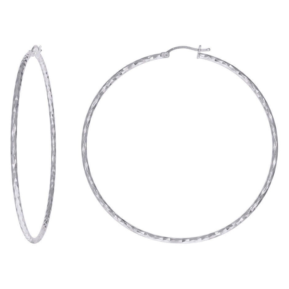 925 Sterling Silver Womens Diamond-cut 2mm x 65mm Hoop Earrings - SLV-120674