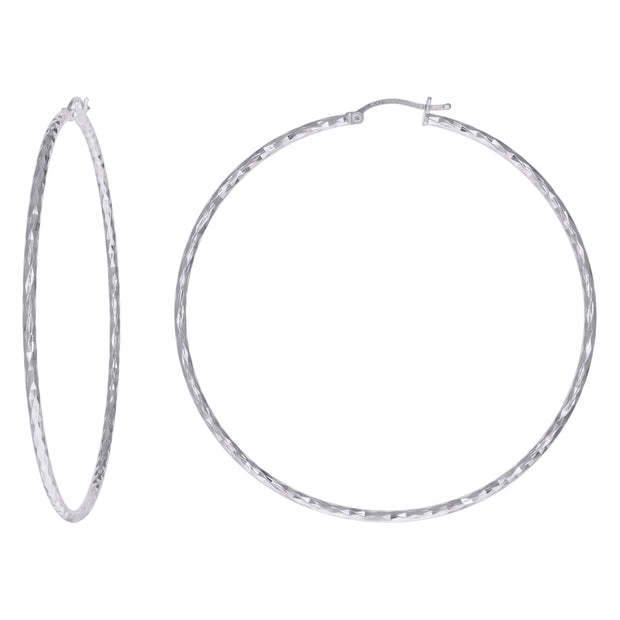 925 Sterling Silver Womens Diamond-cut 2mm x 65mm Hoop Earrings - SLV-120674