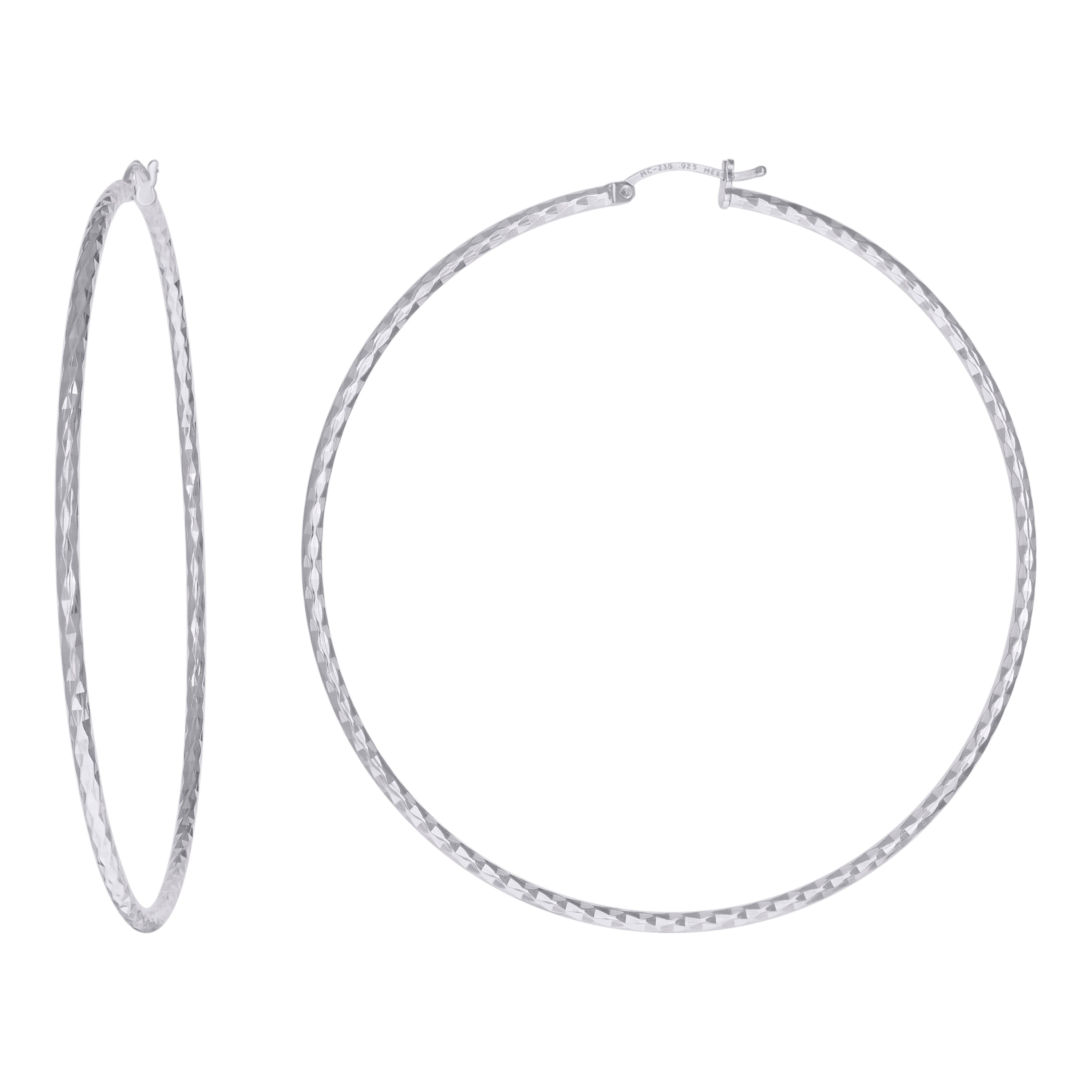 925 Sterling Silver Womens Diamond-cut 2mm x 75mm Hoop Earrings