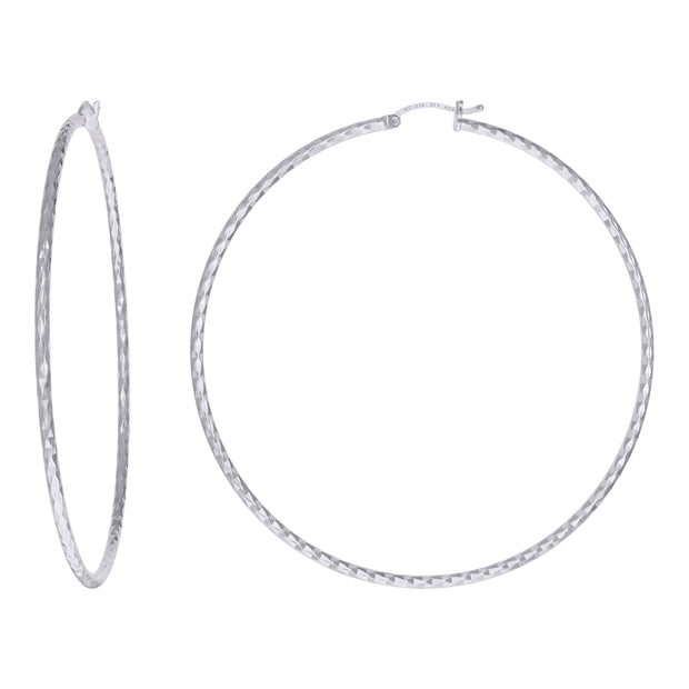925 Sterling Silver Womens Diamond-cut 2mm x 75mm Hoop Earrings