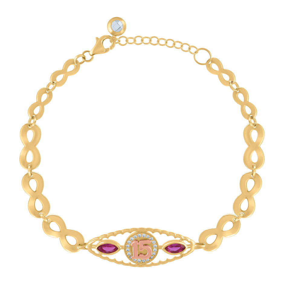10kt Two-tone Gold Womens Purple White Cubic-Zirconia Quinceanera 15 Charm Bracelet Size 8 Inches