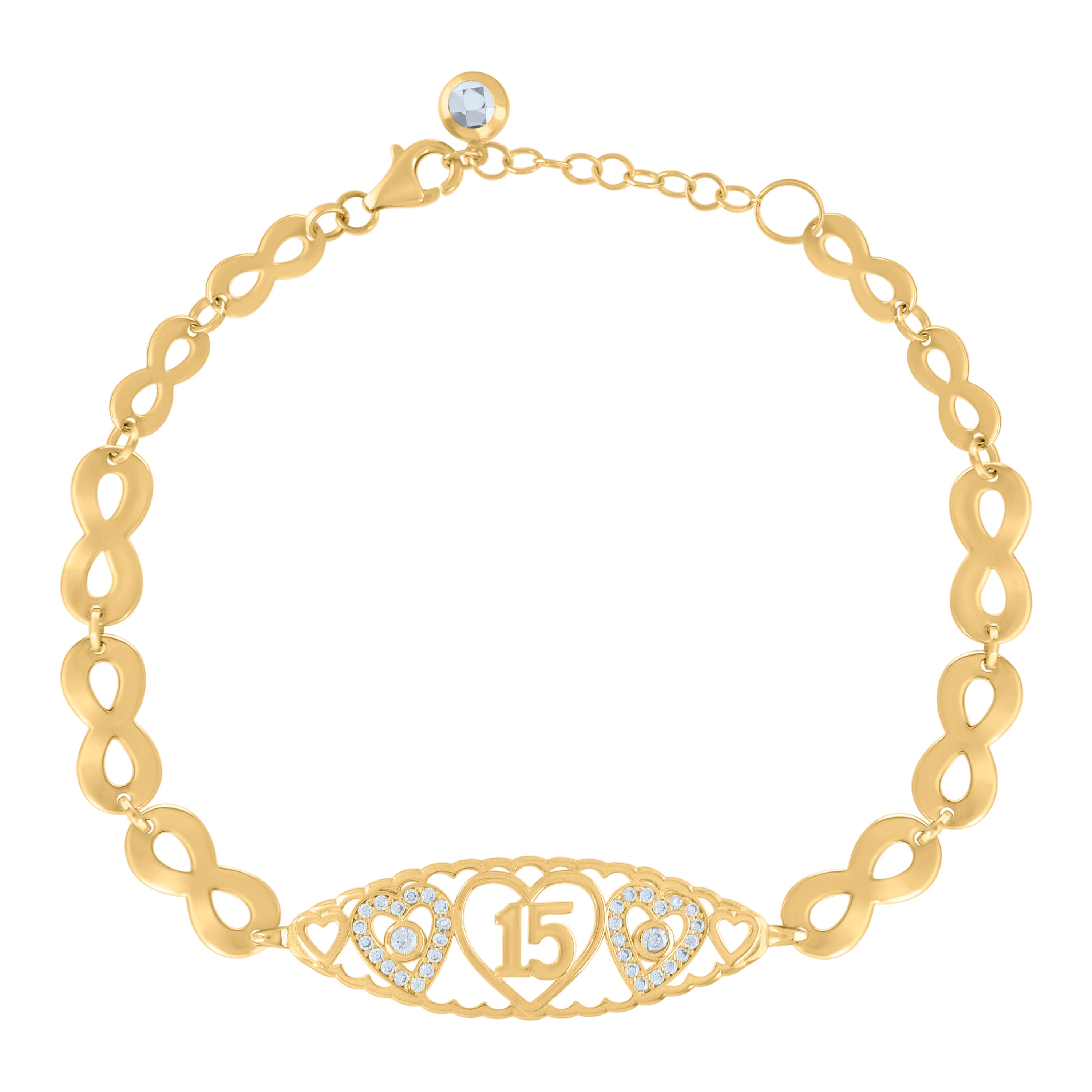 10kt Yellow Gold Womens Cubic-Zirconia Heart Quinceanera 15 Charm Bracelet Size 8 Inches