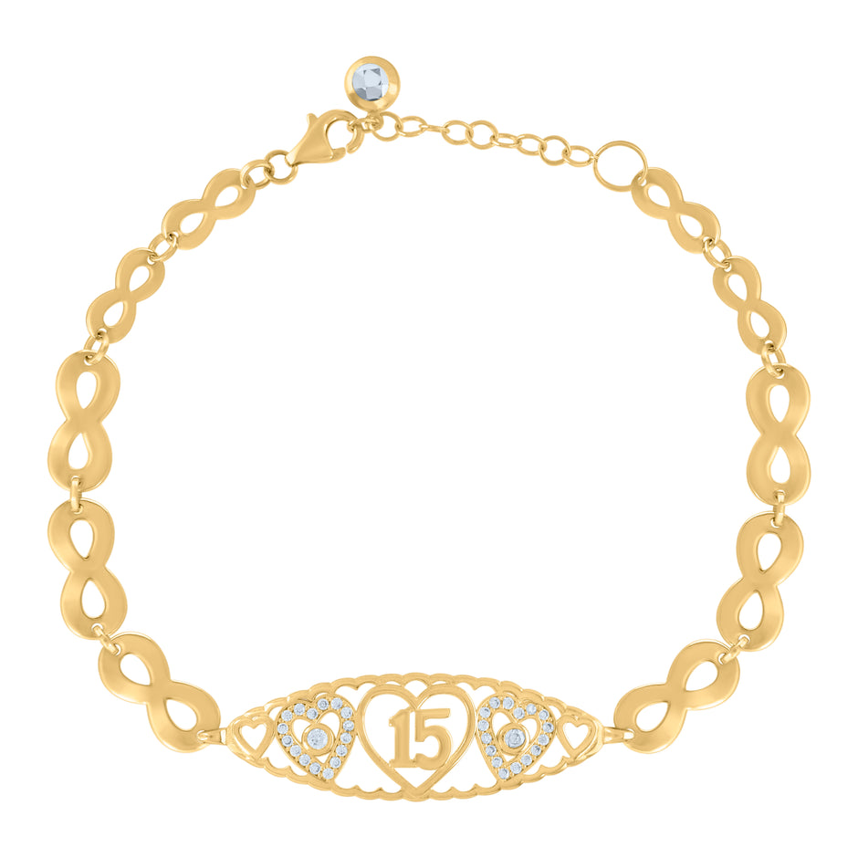 10kt Yellow Gold Womens Cubic-Zirconia Heart Quinceanera 15 Charm Bracelet Size 8 Inches