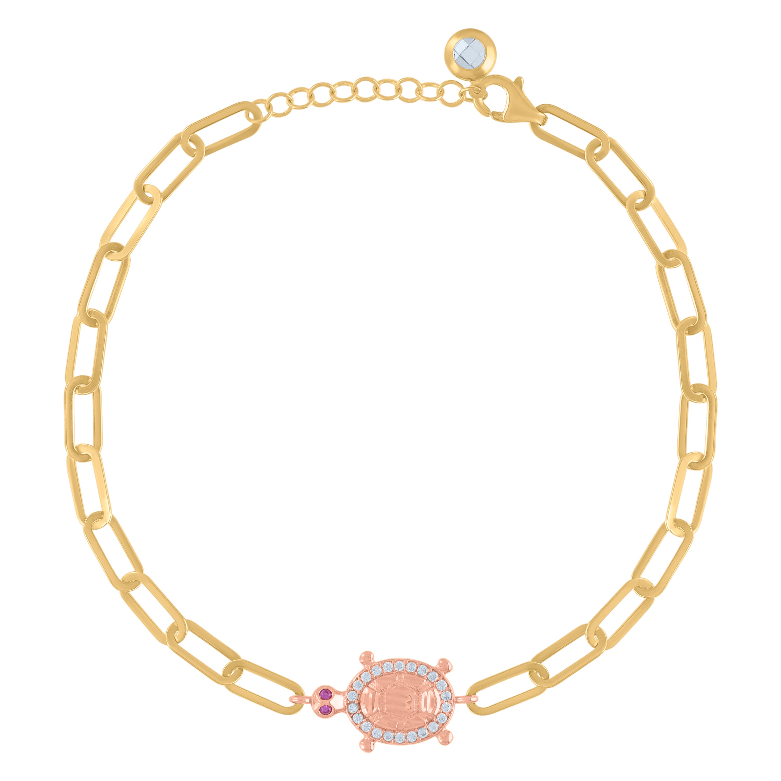 10kt Two-tone Gold Womens Purple Cubic-Zirconia Turtle Animal Charm Bracelet Size 8 Inches