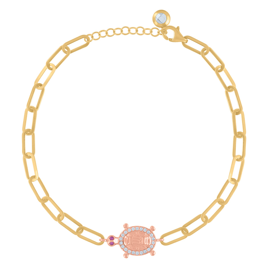 10kt Two-tone Gold Womens Purple Cubic-Zirconia Turtle Animal Charm Bracelet Size 8 Inches