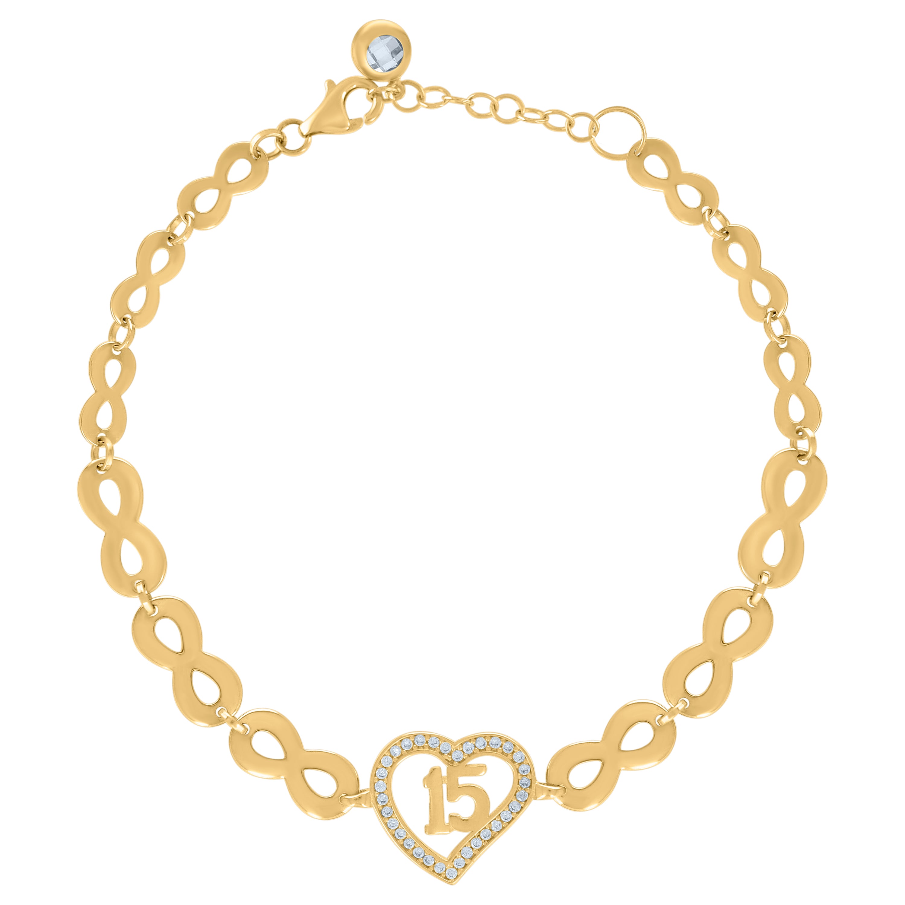 10kt Yellow Gold Womens Cubic-Zirconia Infinity Link Heart Charm Bracelet Size 8 Inches