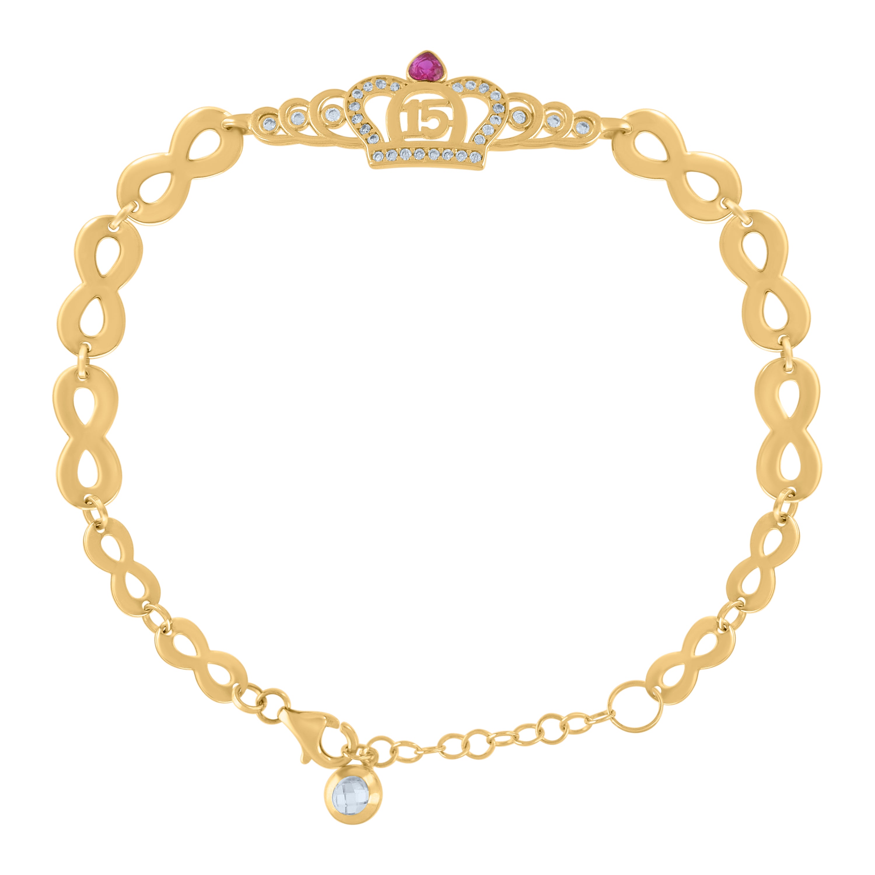 10kt Yellow Gold Womens Cubic-Zirconia Crown Quinceanera 15 Charm Bracelet Size 8 Inches