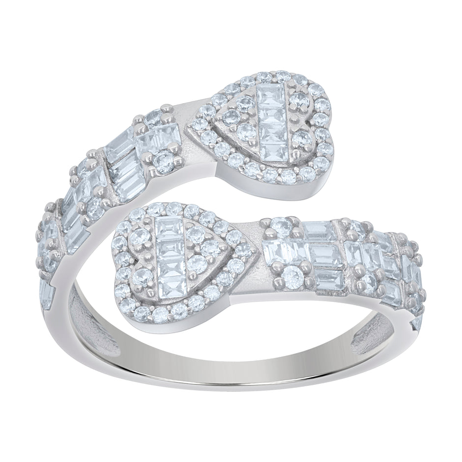925 Sterling Silver Womens Baguette Round Cubic-Zirconia Heart Bypass Fashion Ring Size 6