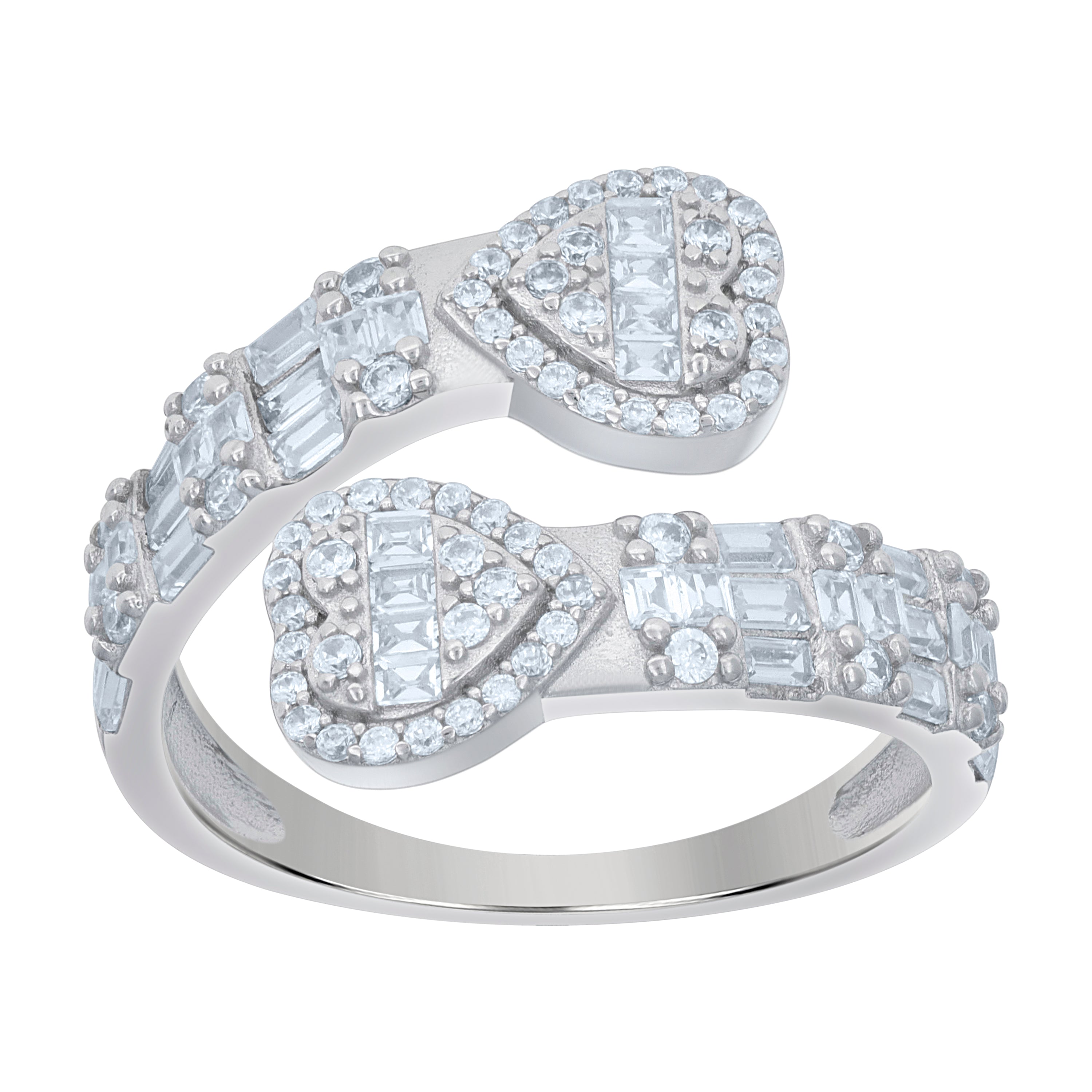 925 Sterling Silver Womens Baguette Round Cubic-Zirconia Heart Bypass Fashion Ring Size 7 - SLV-120785