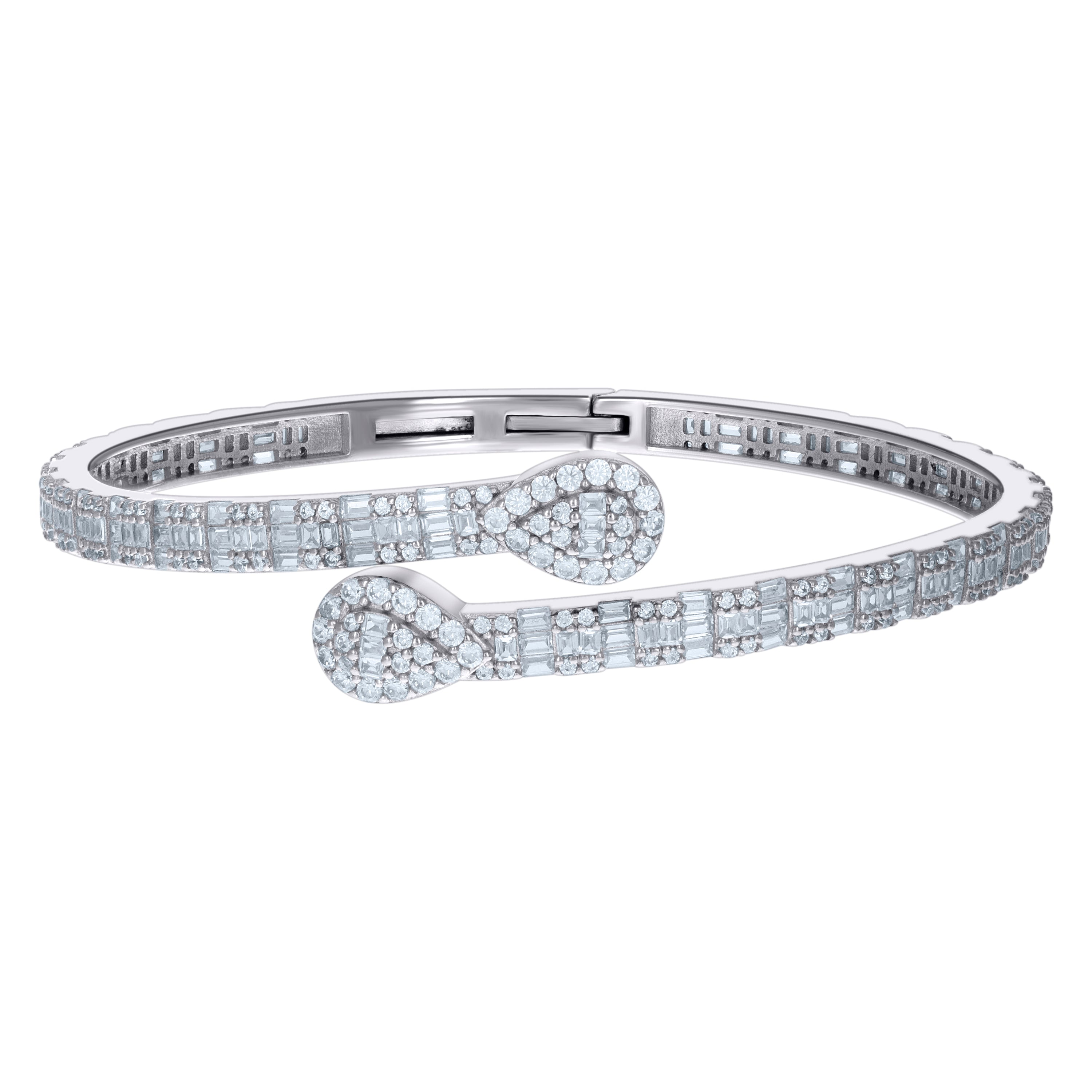 925 Sterling Silver Womens Baguette Round Cubic-Zirconia Teardrop Fashion Bangle Bracelet 