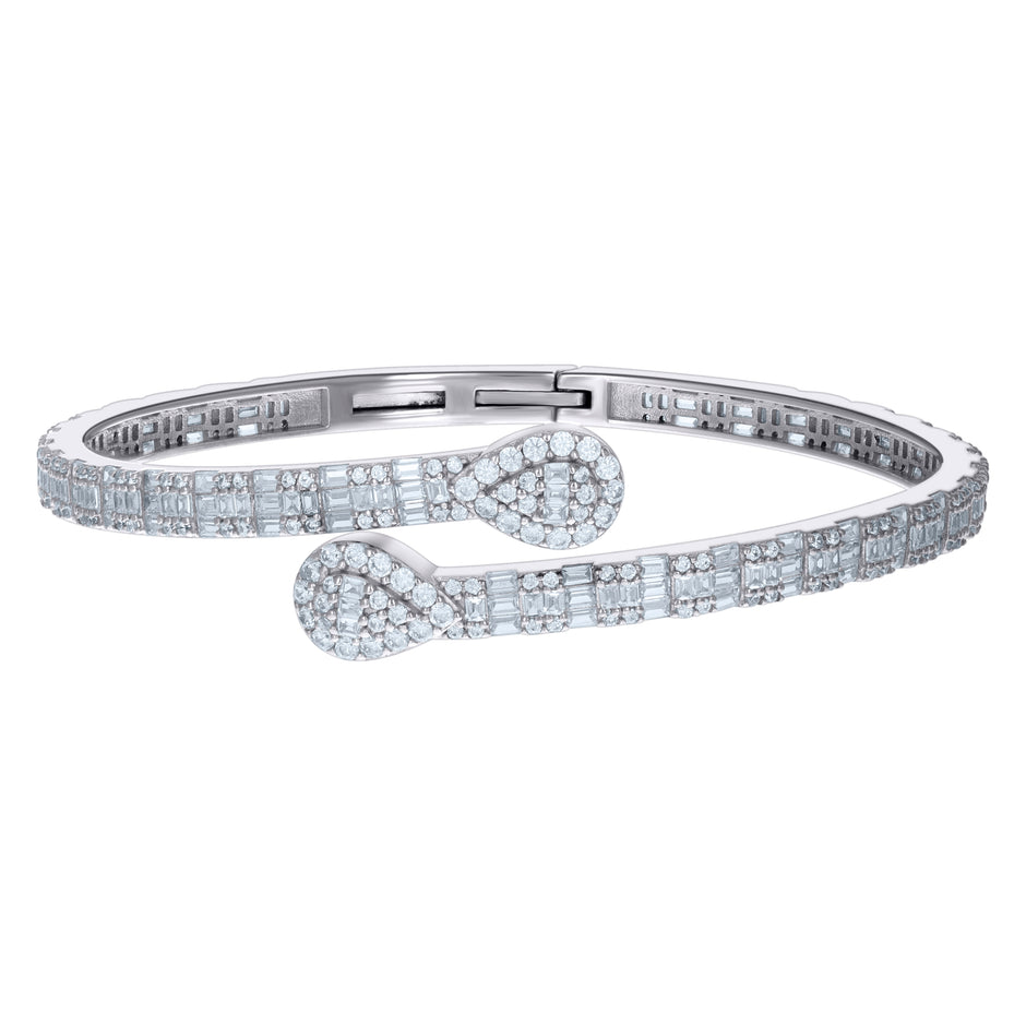 925 Sterling Silver Womens Baguette Round Cubic-Zirconia Teardrop Fashion Bangle Bracelet 