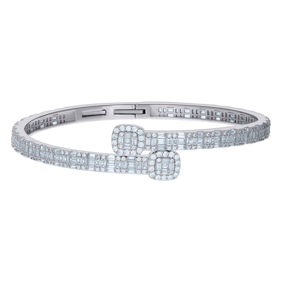 925 Sterling Silver Womens Baguette Round Cubic-Zirconia Fashion Bangle Bracelet 