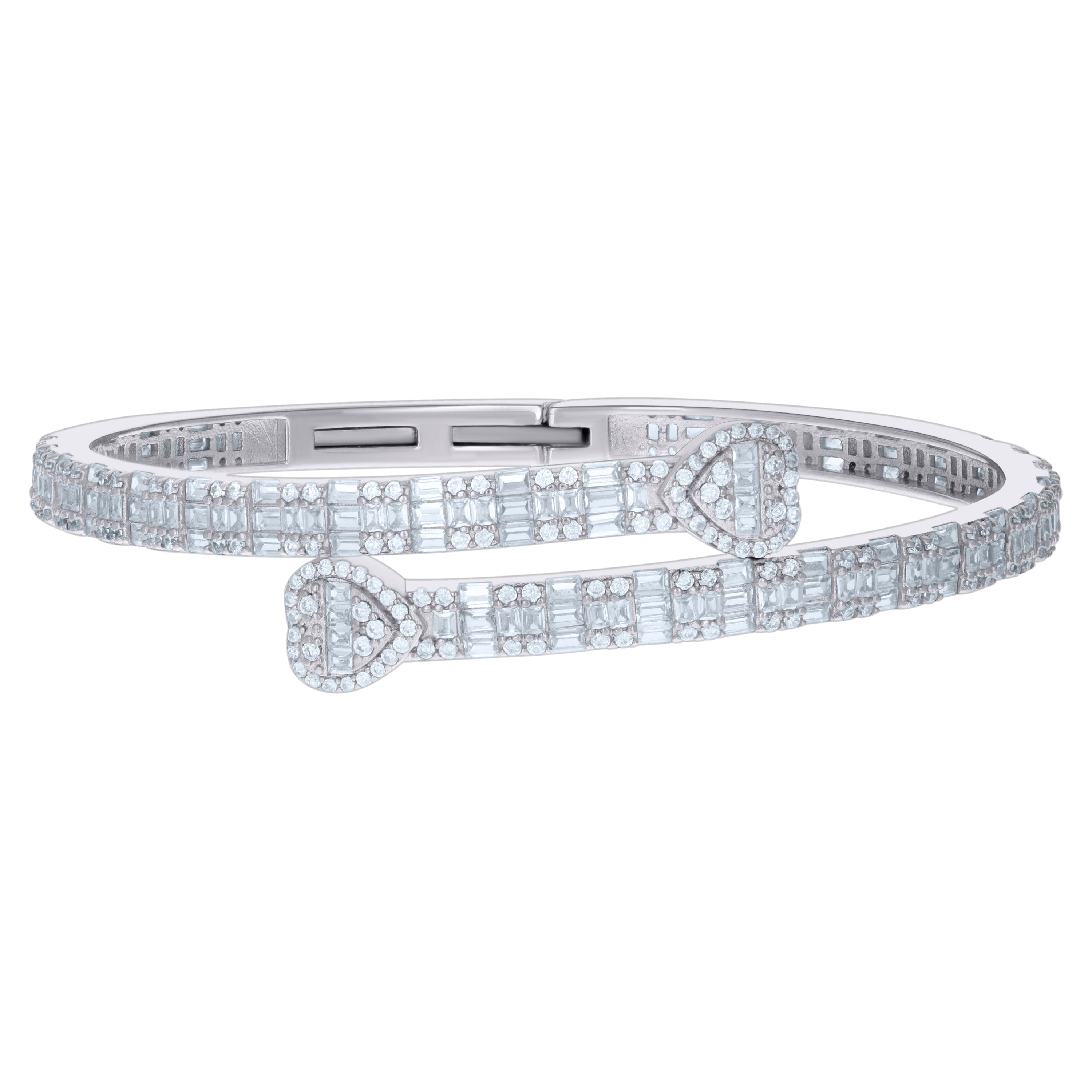 925 Sterling Silver Womens Baguette Round Cubic-Zirconia Heart Bangle Bracelet 