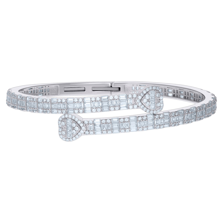 925 Sterling Silver Womens Baguette Round Cubic-Zirconia Heart Bangle Bracelet 