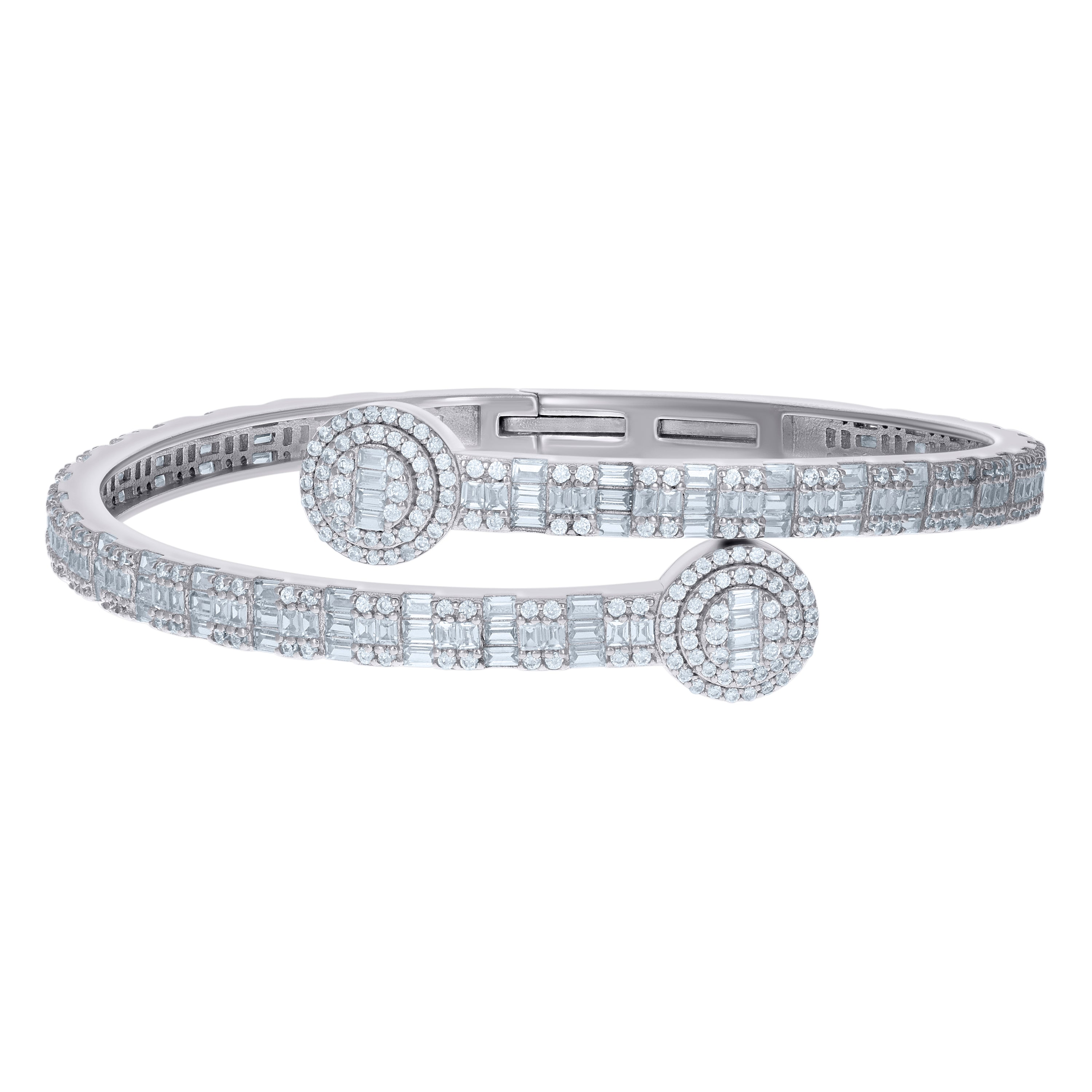 925 Sterling Silver Womens Baguette Round Cubic-Zirconia Fashion Bangle Bracelet 