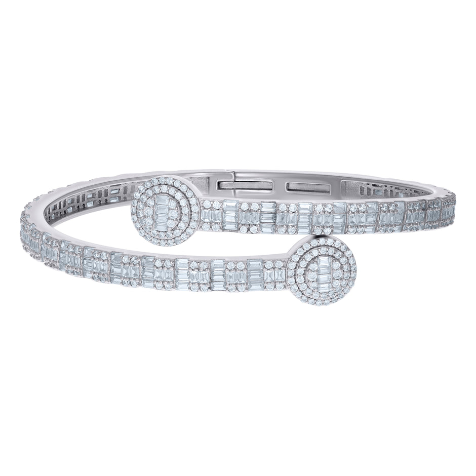 925 Sterling Silver Womens Baguette Round Cubic-Zirconia Fashion Bangle Bracelet 