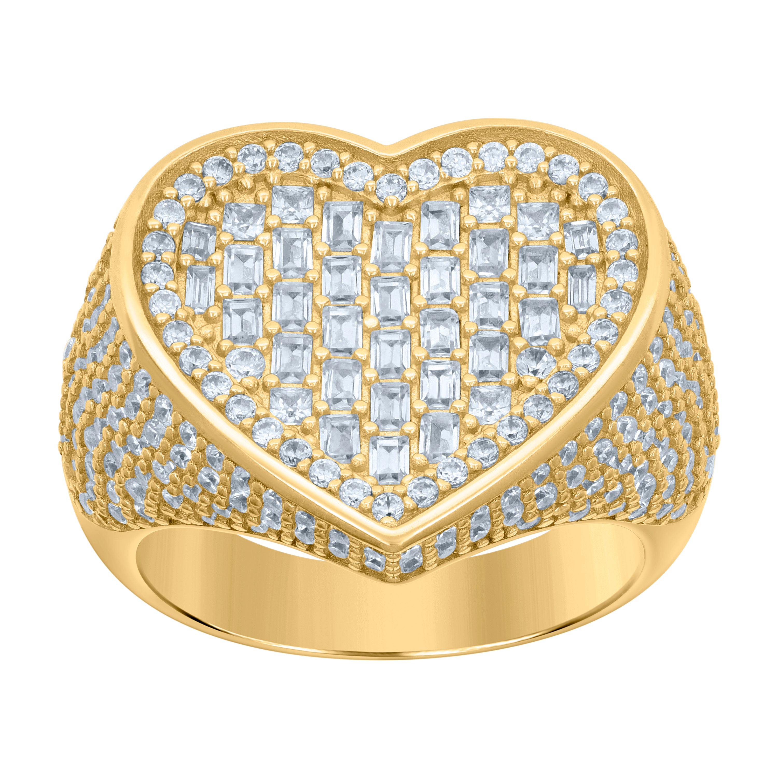 925 Sterling Silver Yellow-Tone Womens Baguette Round Cubic-Zirconia Heart Ring Size 10 - SLV-120819