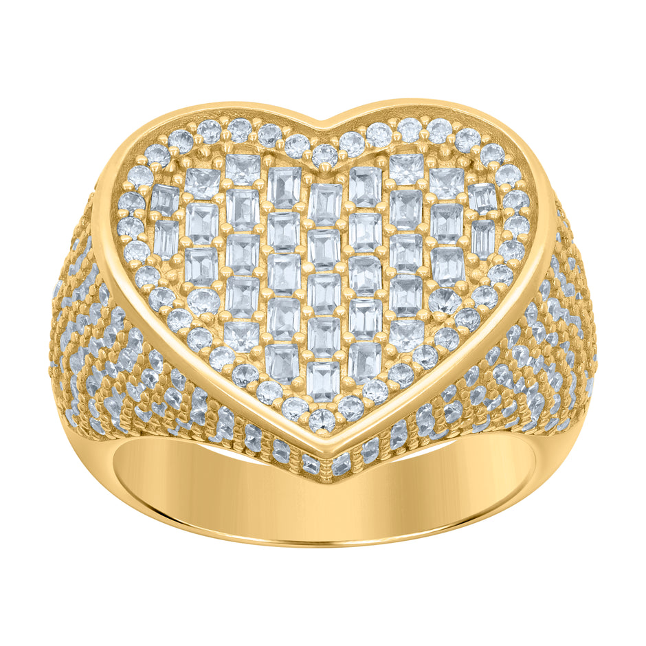 925 Sterling Silver Yellow-Tone Womens Baguette Round Cubic-Zirconia Heart Ring Size 10 - SLV-120819