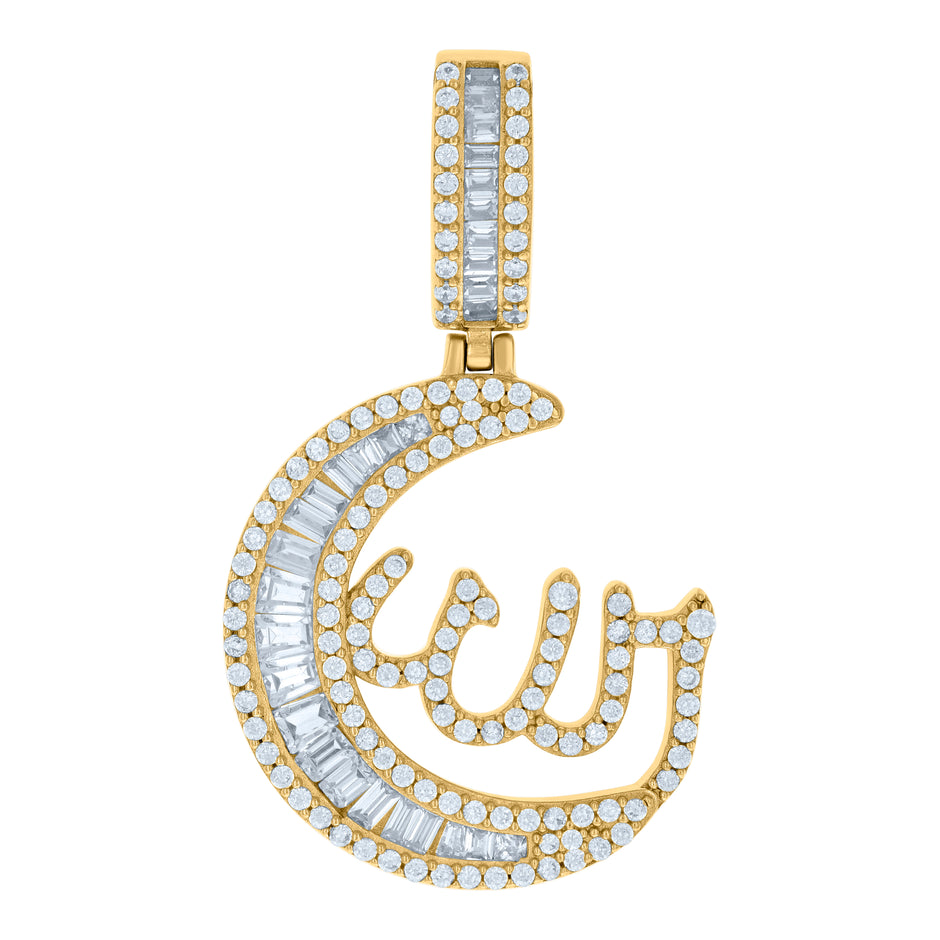 925 Sterling Silver Yellow-tone Mens Cubic-Zirconia Half Moon ALLAH Symbol Religious Charm Pendant