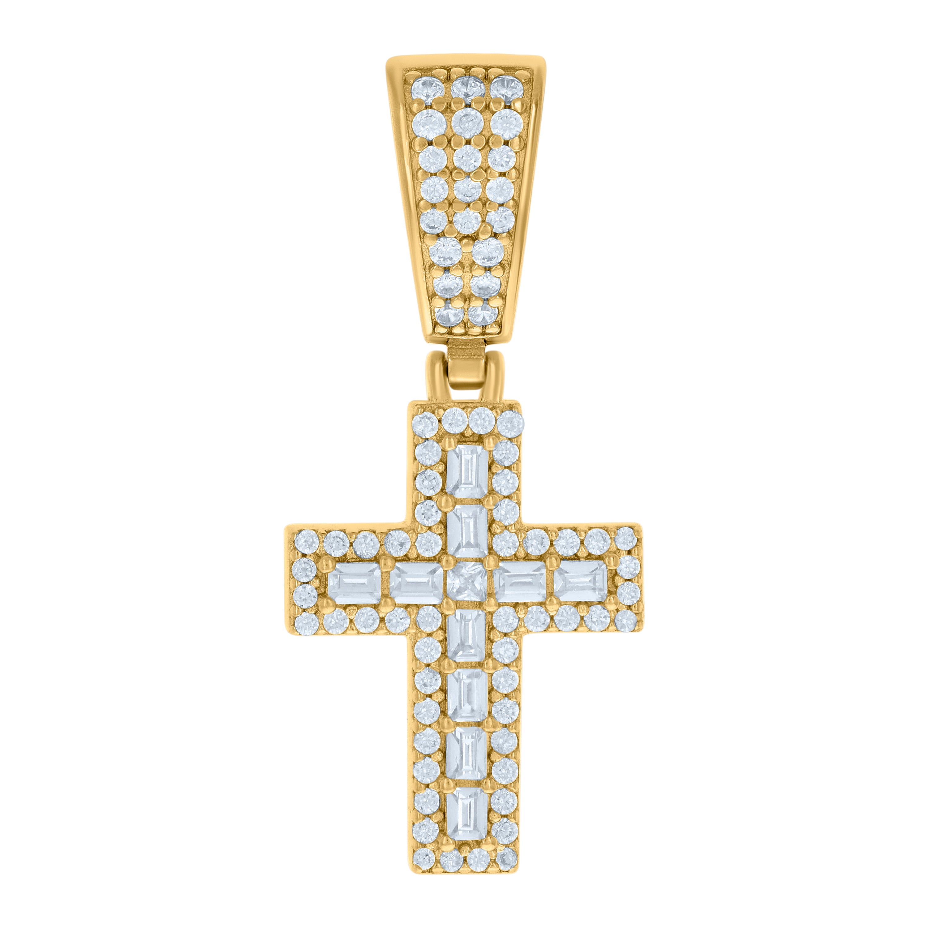 925 Sterling Silver Yellow-tone Mens Baguette Round Cubic-Zirconia Cross Religious Charm Pendant
