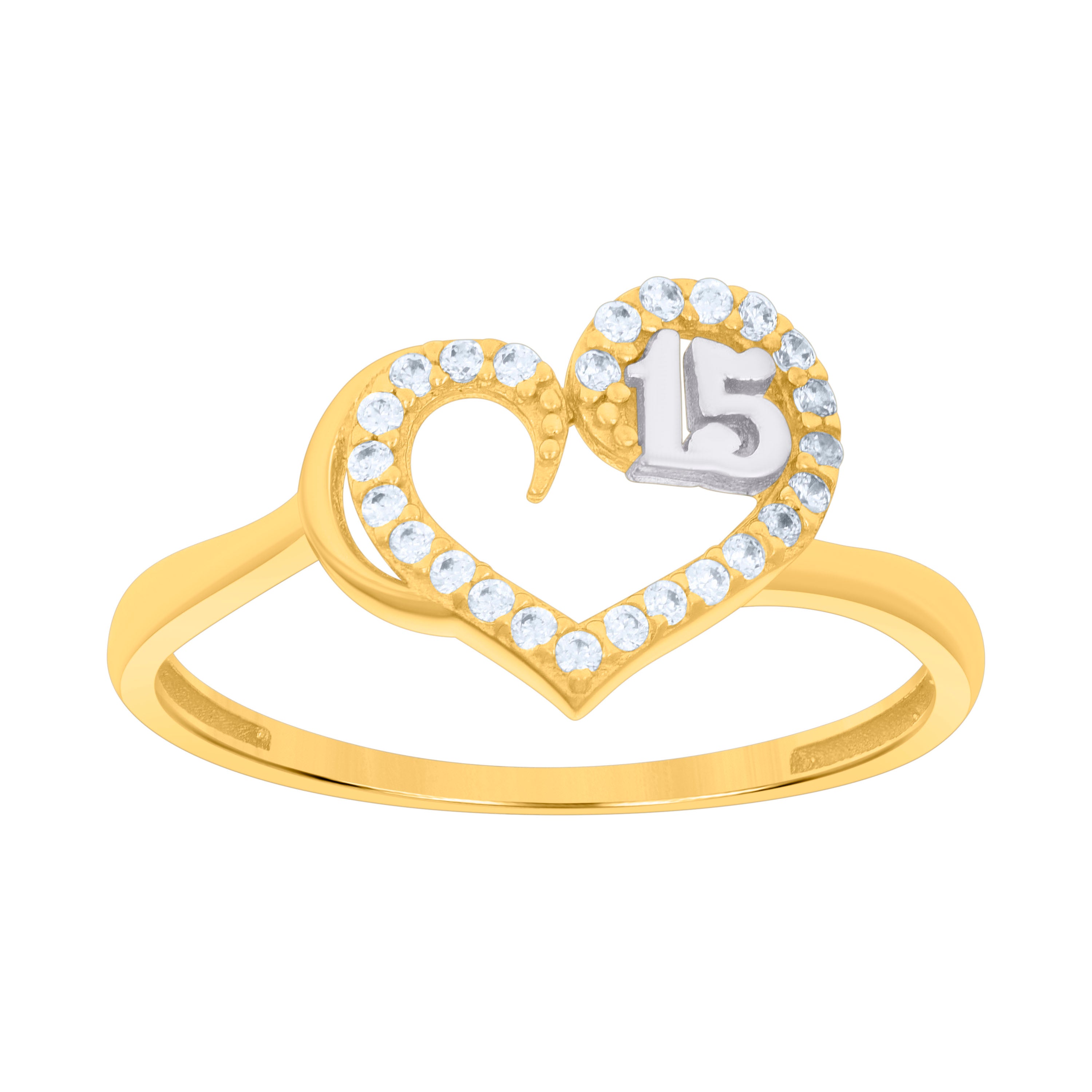 14kt Two-tone Gold Womens Cubic-Zirconia Sweet 15 Heart Quinceanera Ring 