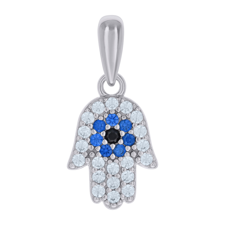925 Sterling Silver Unisex White Blue/Black Cubic-Zirconia Hamsa Symbols Religious Charm Pendant