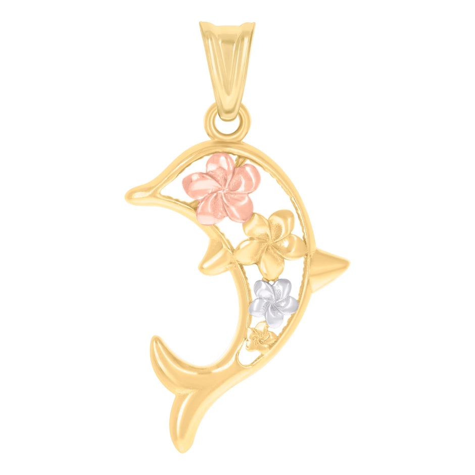 10kt Tri-Color Gold Unisex Flower Dolphin Fish Ocean Charm Pendant